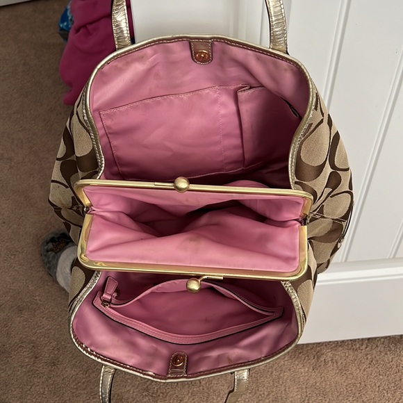 Used Coach Brown Signature Stripe Carry All Handbag - Picture 3 of 9